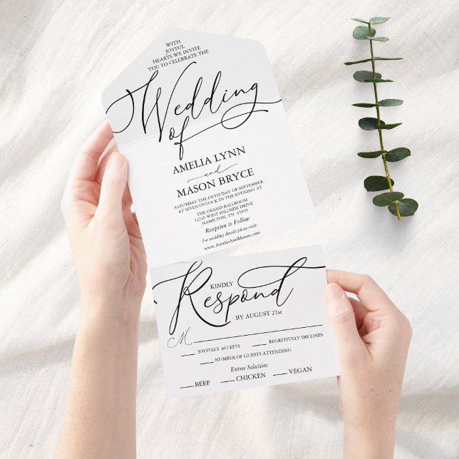 Invitation Tout En Un Mariage de script de calligraphie noir et blanc (Elegant Script Calligraphy Wedding Invitation All in One)