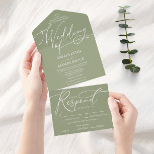 Invitation Tout En Un Mariage de script de calligraphie verte et blanche