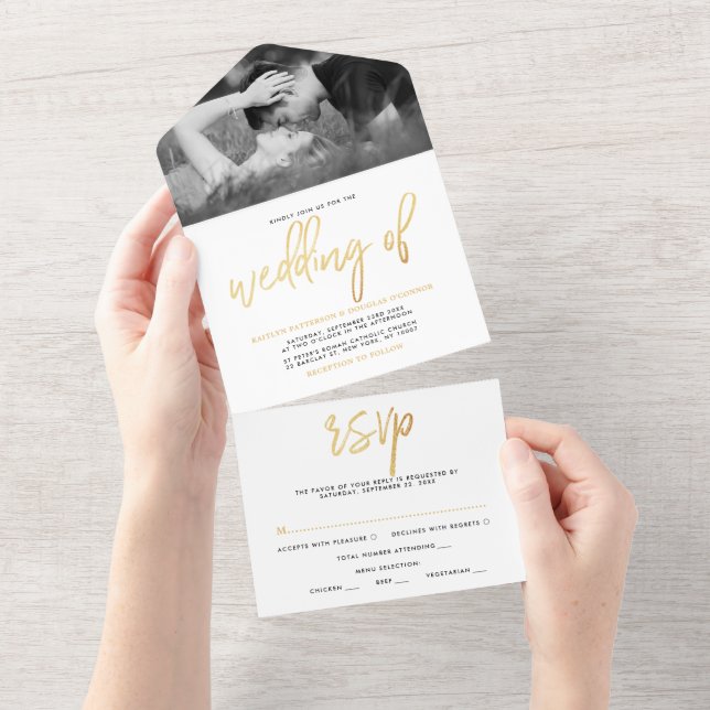 Invitation Tout En Un Mariage de script Gold Foil (Déchirure)
