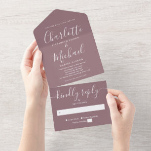 Invitation Tout En Un Mariage de script minimaliste moderne Mauve