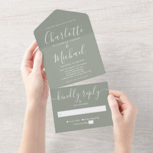 Invitation Tout En Un Mariage de script minimaliste moderne Sage vert