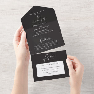 Invitation Tout En Un mariage de script simple en noir et blanc