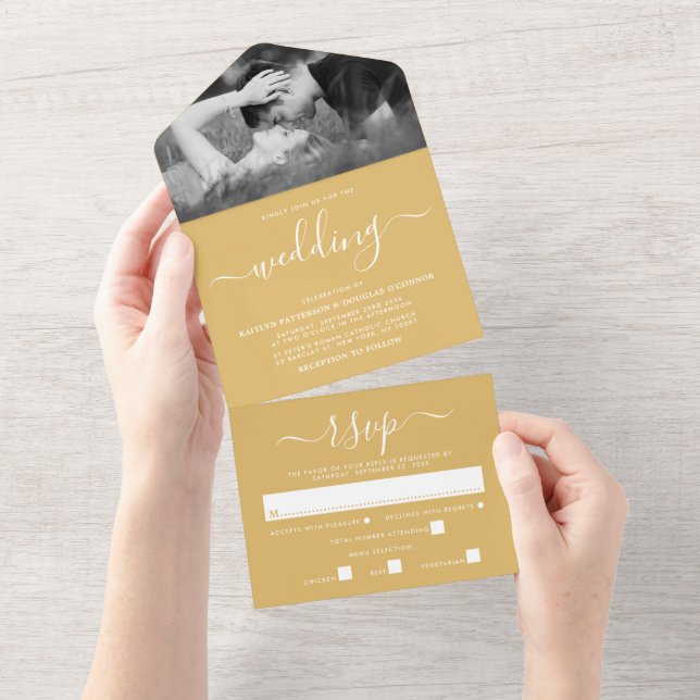 Invitation Tout En Un Mariage de script simple Gold & White moderne (Déchirure)