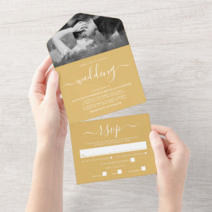 Invitation Tout En Un Mariage de script simple Gold & White moderne