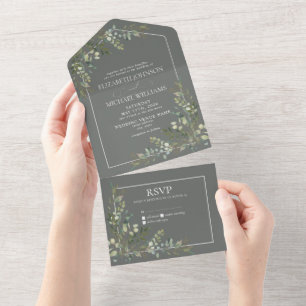 Invitation Tout En Un Mariage de script vert Eucalyptus Botanical Sage