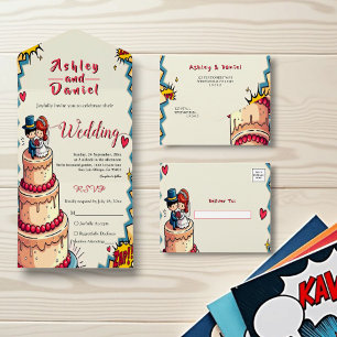 Invitation Tout En Un Mariage de style comique Retro Bride & Groom Pop