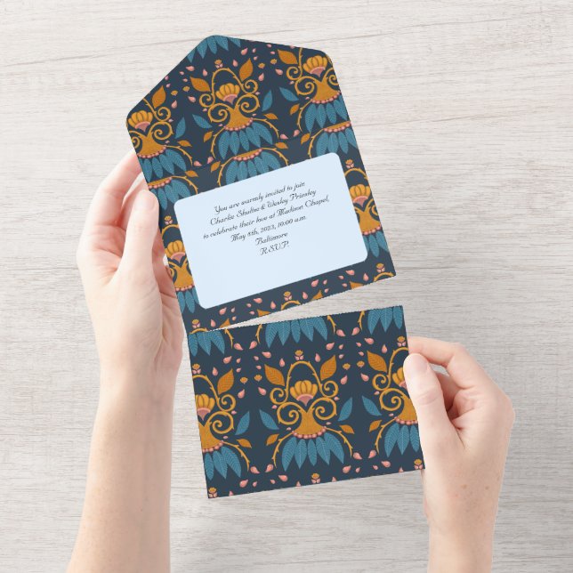 Invitation Tout En Un Mariage de style médiéval motif Orné personnalisé (Déchirure)