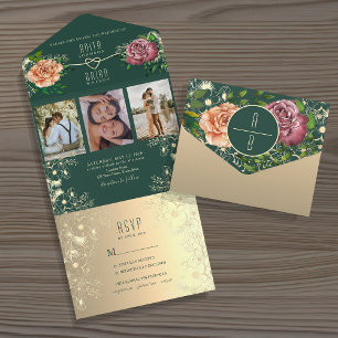 Invitation Tout En Un Mariage de ton bijou floral vert émeraude