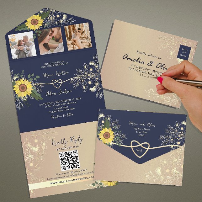Invitation Tout En Un Mariage de tournesol et de marine (Créateur téléchargé)