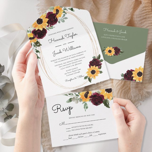 Invitation Tout En Un Mariage de tournesol rustique avec RSVP (Créateur téléchargé)