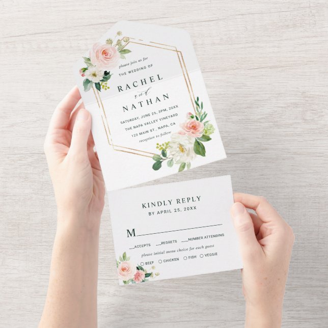 Invitation Tout En Un Mariage de trame or Hexagon Black Bloom (Déchirure)