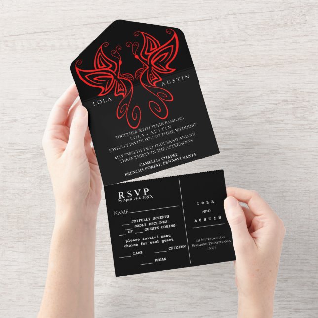 Invitation Tout En Un Mariage d'élégance moderne noir et blanc rouge (Déchirure)