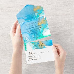 Invitation Tout En Un Mariage d'encre d'alcool Turquoise bleu et or