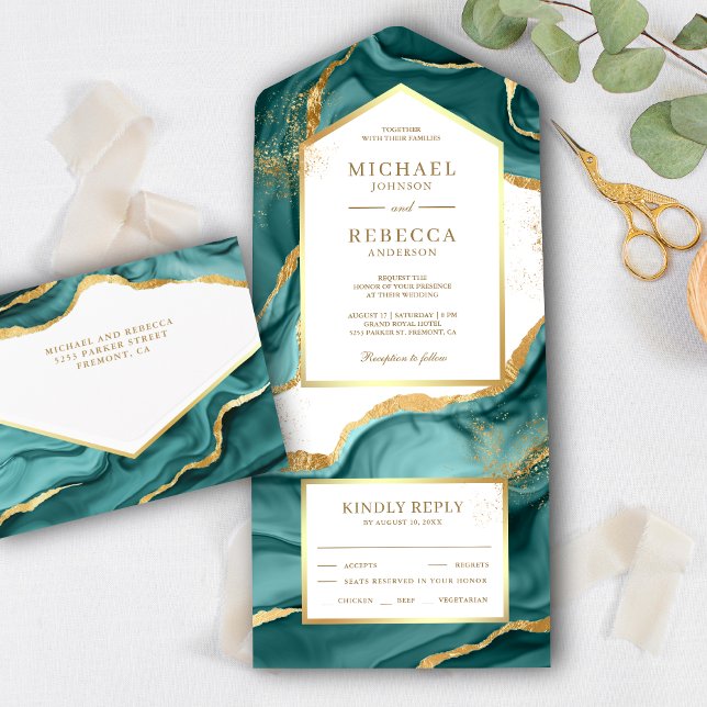 Invitation Tout En Un Mariage d'encre liquide Abstrait turquoise Gold Fo (Créateur téléchargé)