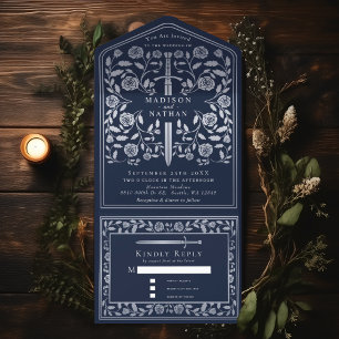Invitation Tout En Un Mariage d'épée médiévale Bleu Argent