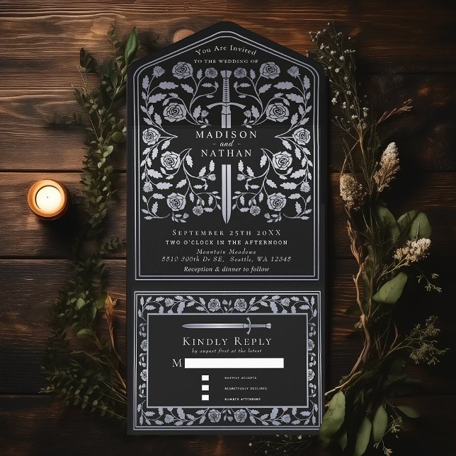 Invitation Tout En Un Mariage d'épée médiévale noire en argent (Créateur téléchargé)
