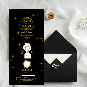 Invitation Tout En Un Mariage des étoiles célestes mystiques d'or noir