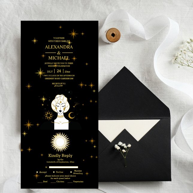 Invitation Tout En Un Mariage des étoiles célestes mystiques d'or noir (Créateur téléchargé)