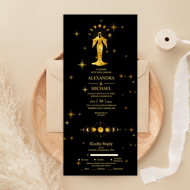 Invitation Tout En Un Mariage des étoiles célestes mystiques d'or noir (Créateur téléchargé)
