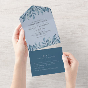 Invitation Tout En Un Mariage des Feuilles de la Marine Bleue Dusty 3in1