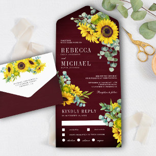 Invitation Tout En Un Mariage d'Eucalyptus et tournesols en bois de Bour
