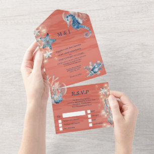 Invitation Tout En Un Mariage d'hippocampe d'étoile bleu orange