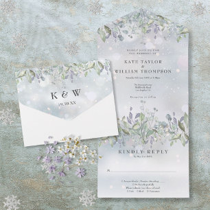 Invitation Tout En Un Mariage d'hiver au monogramme de sauge florale et 