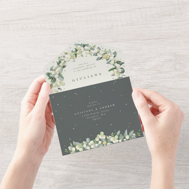 Invitation Tout En Un Mariage d'hiver Eucalyptus et Sneberge verte/crème (Ouverture)