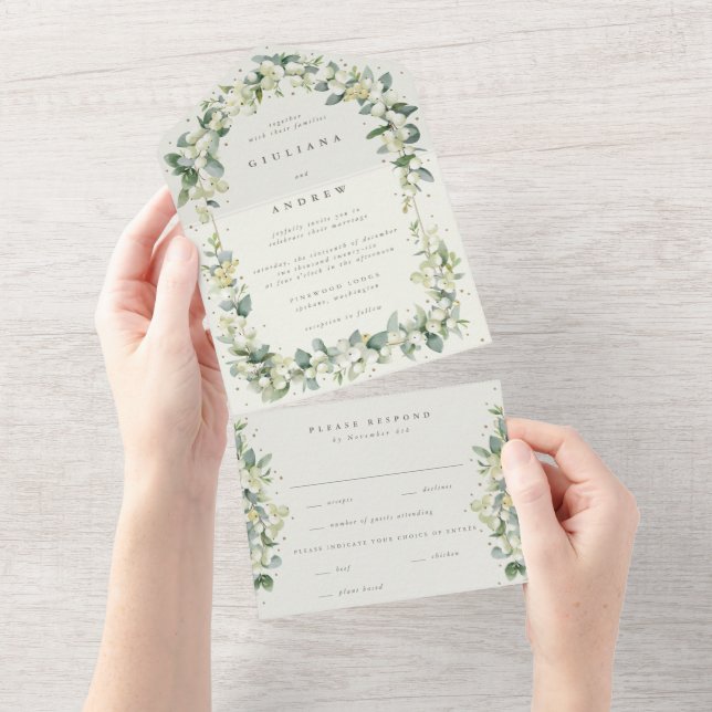 Invitation Tout En Un Mariage d'hiver Eucalyptus et Sneberge verte/crème (Déchirure)