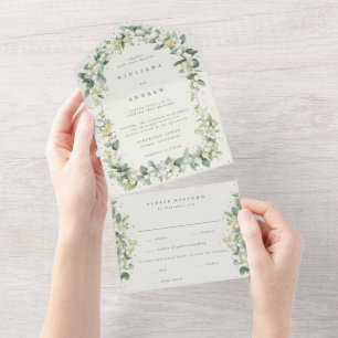 Invitation Tout En Un Mariage d'hiver Eucalyptus et Sneberge verte/crème