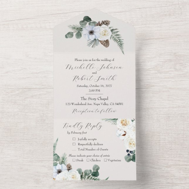 Invitation Tout En Un Mariage d'hiver floral rustique (À l'intérieur)