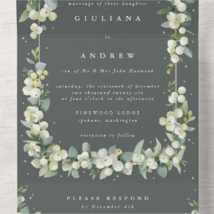 Invitation Tout En Un Mariage d'hiver Formal Green Snowberry+Eucalyptus
