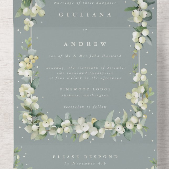 Invitation Tout En Un Mariage d'hiver Formal Seafoam Snowberry+Eucalyptu (À l'intérieur du milieu)