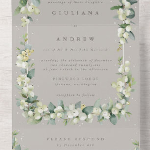 Invitation Tout En Un Mariage d'hiver Formal Taupe Snowberry+Eucalyptus