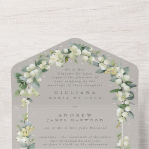Invitation Tout En Un Mariage d'hiver formel Greige Snowberry+Eucalyptus