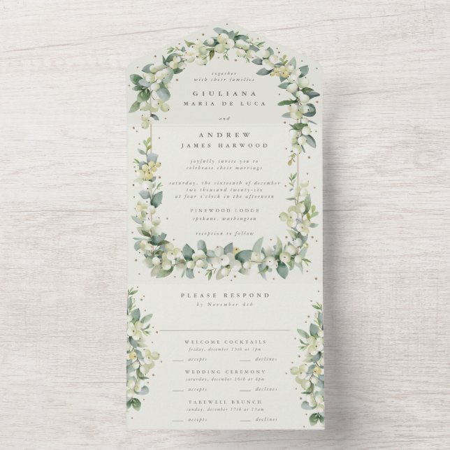 Invitation Tout En Un Mariage d'hiver Greige/Crème Snowberry+Eucalyptus (À l'intérieur)