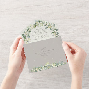 Invitation Tout En Un Mariage d'hiver Greige/Crème Snowberry+Eucalyptus