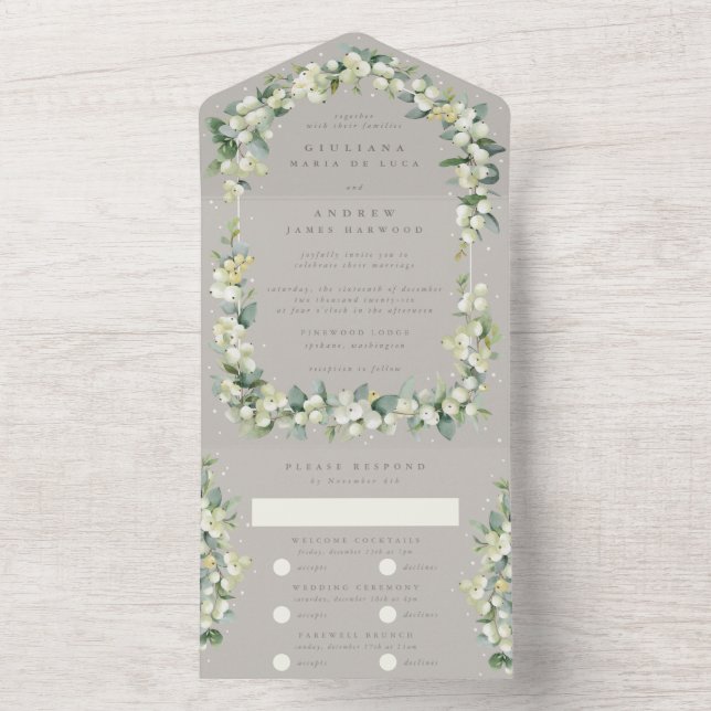 Invitation Tout En Un Mariage d'hiver Greige Snowberry+Eucalyptus (À l'intérieur)
