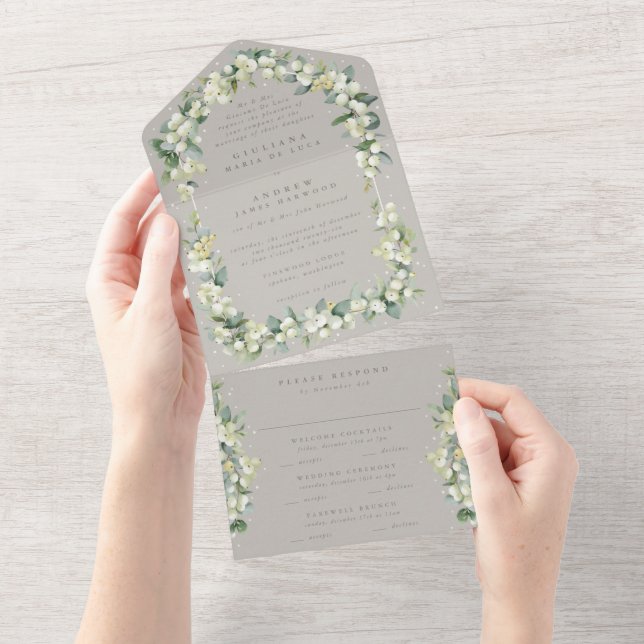 Invitation Tout En Un Mariage d'hiver Greige Snowberry+Eucalyptus (Déchirure)