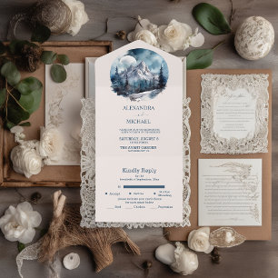 Invitation Tout En Un Mariage d'hiver rustique à l'aquarelle en forêt de