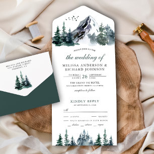 Invitation Tout En Un Mariage d'hiver rustique à l'aquarelle en forêt de