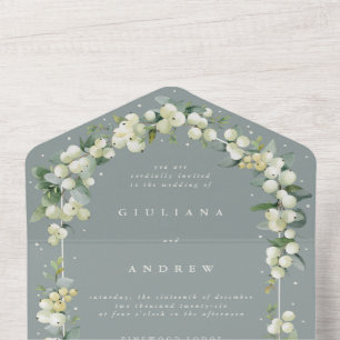 Invitation Tout En Un Mariage d'hiver Seafoam Green Snowberry+Eucalyptus