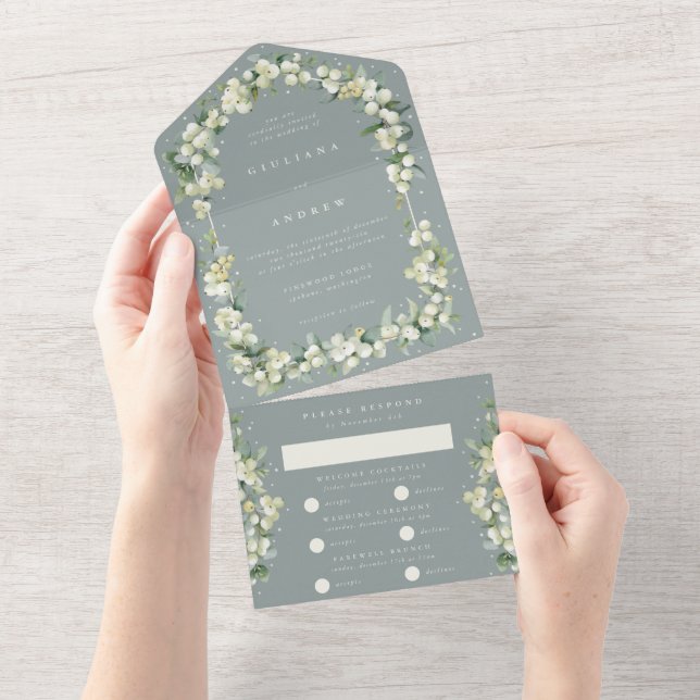Invitation Tout En Un Mariage d'hiver Seafoam Green Snowberry+Eucalyptus (Déchirure)