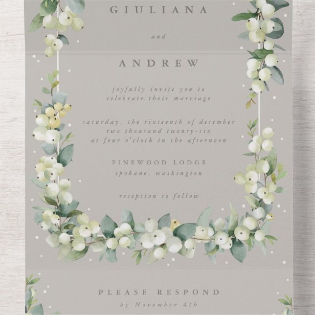 Invitation Tout En Un Mariage d'hiver Taupe/Greige Snowberry+Eucalyptus (À l'intérieur du milieu)