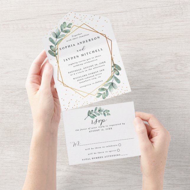 Invitation Tout En Un Mariage d'huile d'or géométrique Eucalyptus (Déchirure)