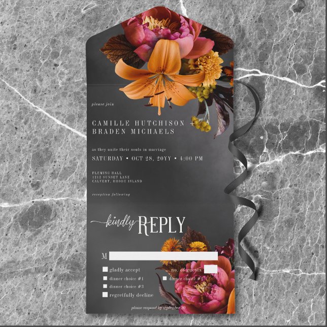 Invitation Tout En Un Mariage Dîner Gothique Noir Humeur Orange Lily (Black Moody Gothic Orange Lily Wedding Dinner All In One Invitation)