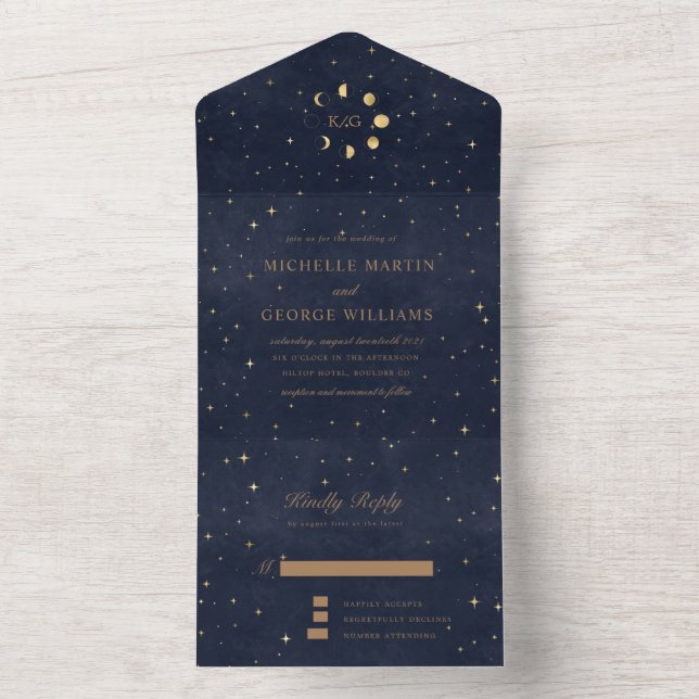 Invitation Tout En Un Mariage d'or céleste (pas de VV nécessaire) (À l'intérieur)