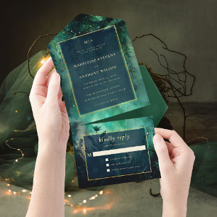 Invitation Tout En Un Mariage d'or Enchanted Forest Fairytale Green