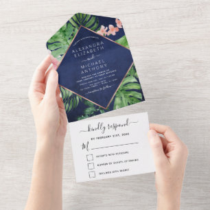 Invitation Tout En Un Mariage d'or Tropical Palm Navy Rose bleu