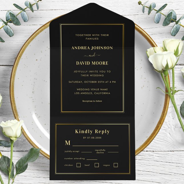 Invitation Tout En Un Mariage double trame minimaliste noir et or (Créateur téléchargé)
